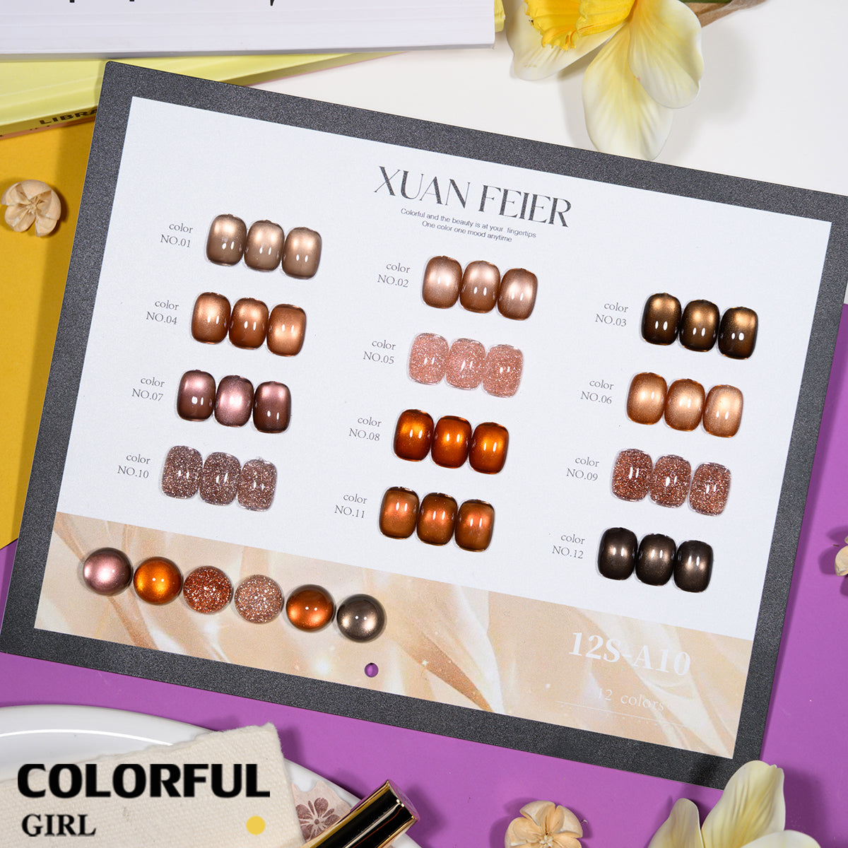 XUANFEIER สีเจลเซ็ตใหม่ 12 สี สีเจลกลิซเตอร์ สีเจลแคทอายเนื้อซาติน, สีเจลแฟลช, แถมฟรีชาร์ทสี ทุกรุ่น