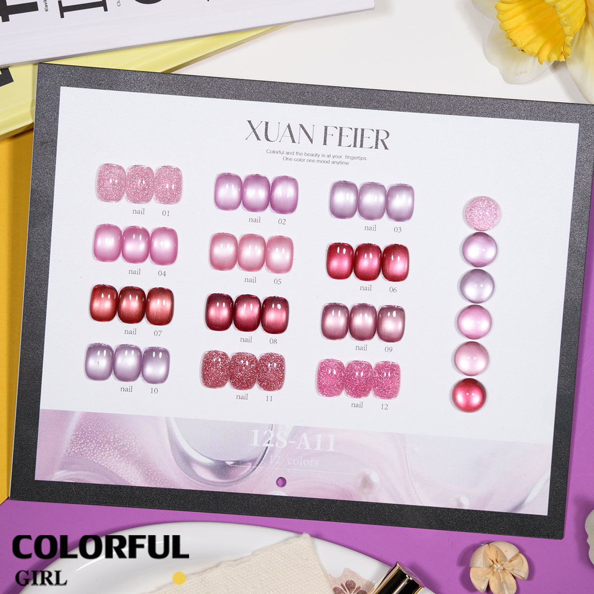XUANFEIER สีเจลเซ็ตใหม่ 12 สี สีเจลกลิซเตอร์ สีเจลแคทอายเนื้อซาติน, สีเจลแฟลช, แถมฟรีชาร์ทสี ทุกรุ่น