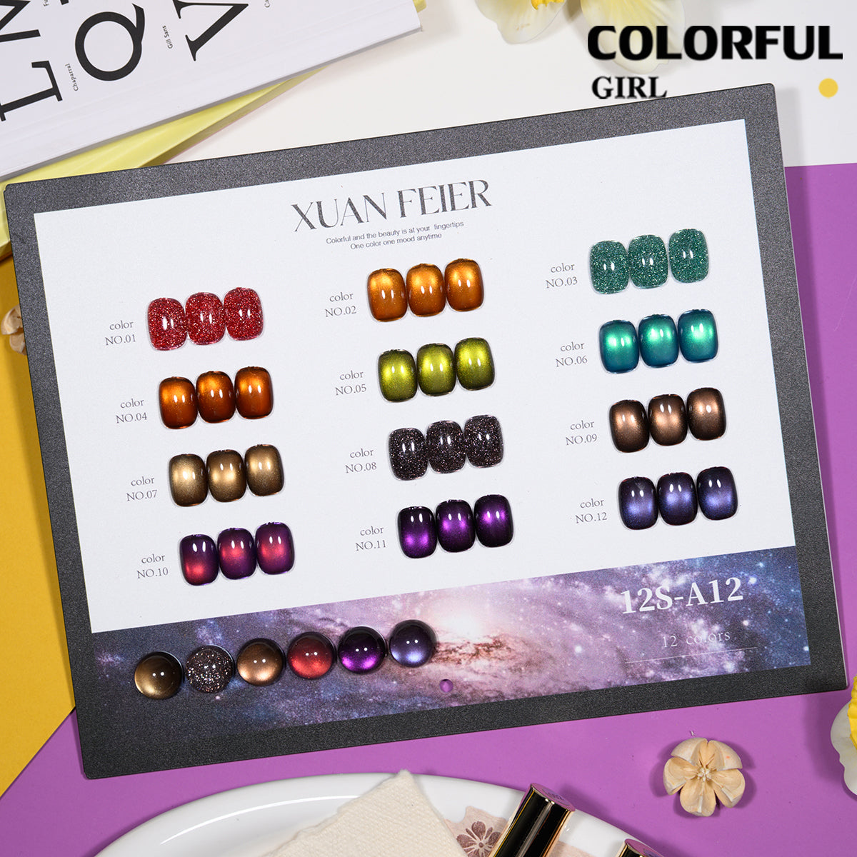 XUANFEIER สีเจลเซ็ตใหม่ 12 สี สีเจลกลิซเตอร์ สีเจลแคทอายเนื้อซาติน, สีเจลแฟลช, แถมฟรีชาร์ทสี ทุกรุ่น