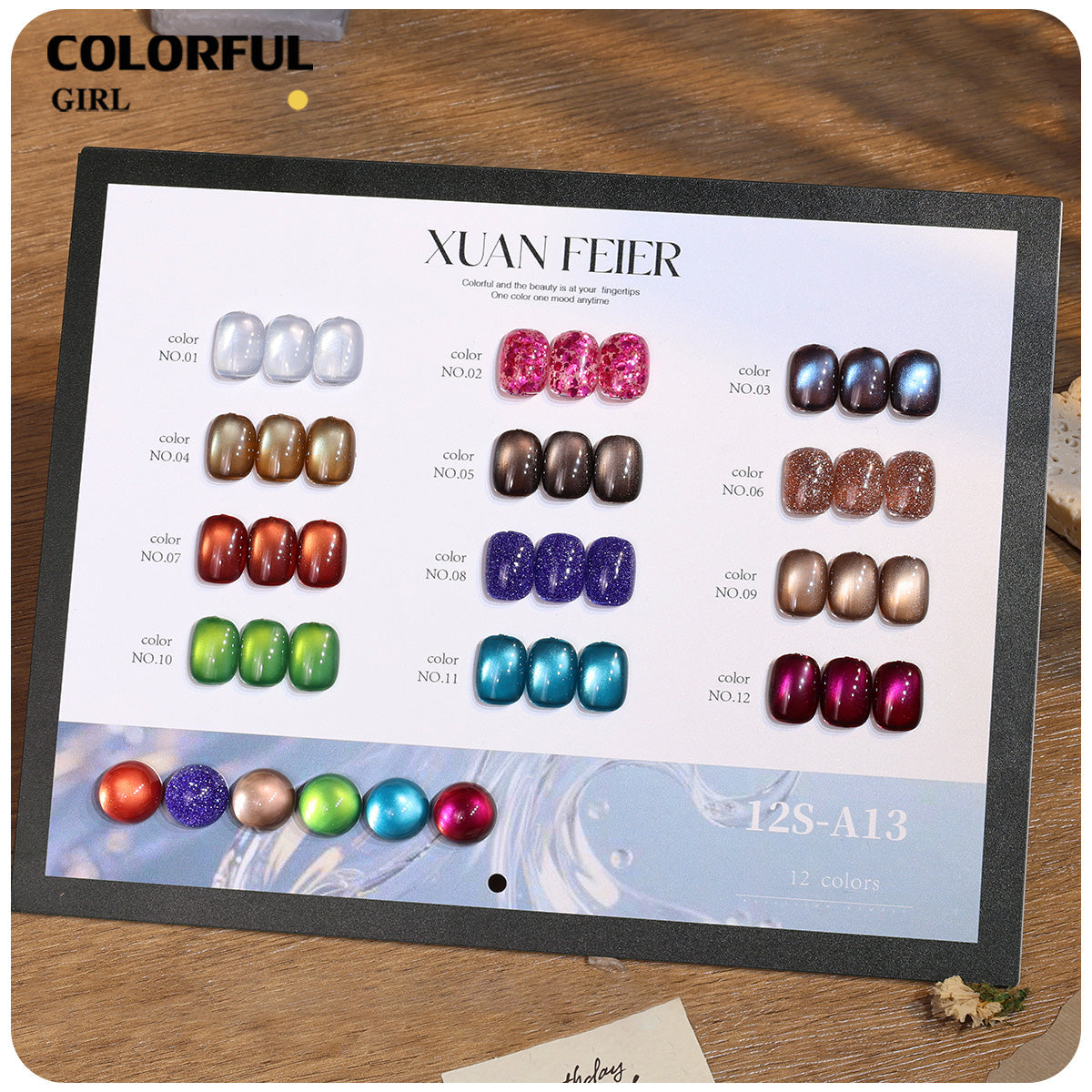 XUANFEIER สีเจลเซ็ตใหม่ 12 สี สีเจลกลิซเตอร์ สีเจลแคทอายเนื้อซาติน, สีเจลแฟลช, แถมฟรีชาร์ทสี ทุกรุ่น