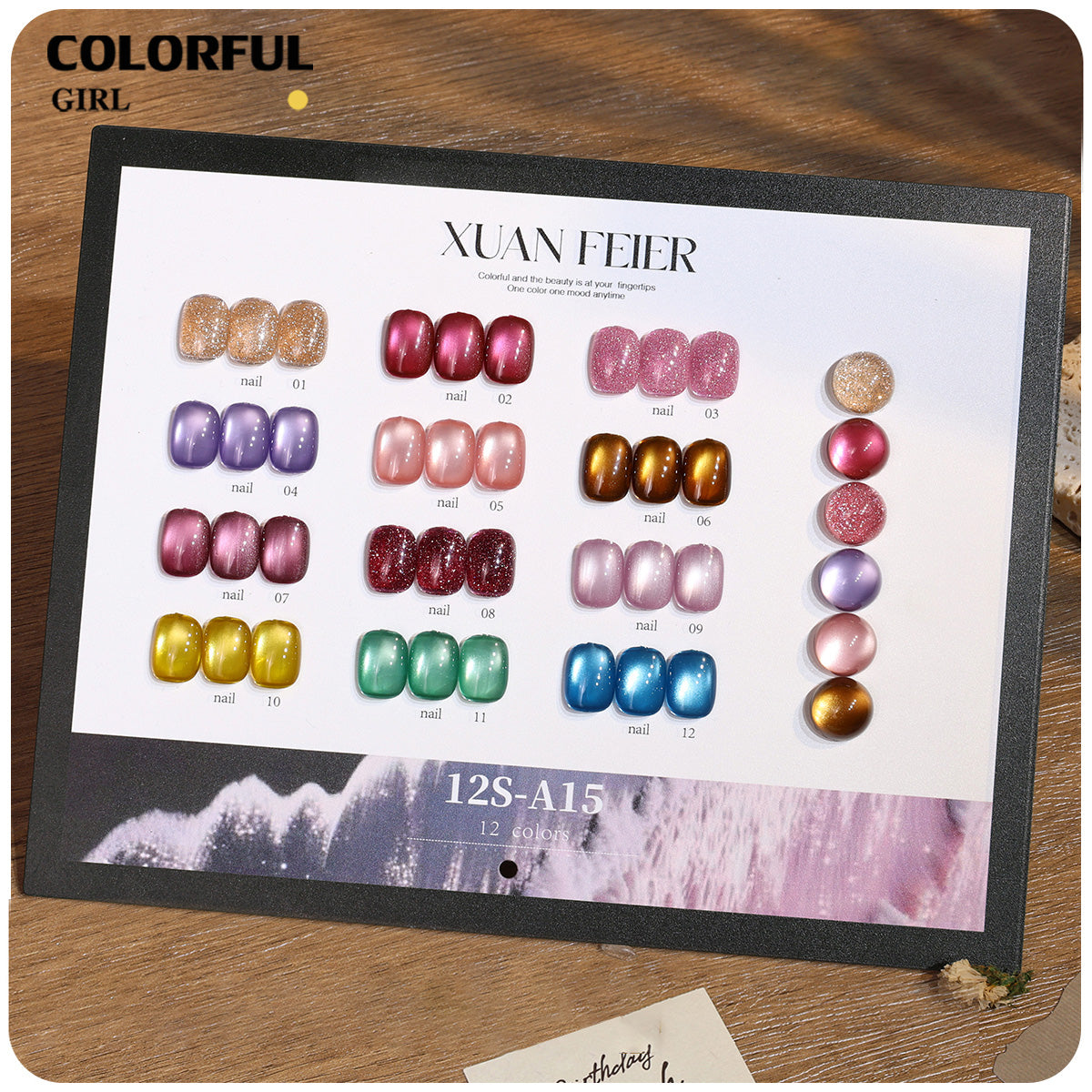 XUANFEIER สีเจลเซ็ตใหม่ 12 สี สีเจลกลิซเตอร์ สีเจลแคทอายเนื้อซาติน, สีเจลแฟลช, แถมฟรีชาร์ทสี ทุกรุ่น