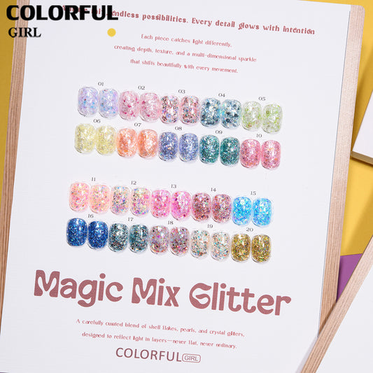 COLORFUL GIRL 20 สี ผงกลิตเตอร์ล็บสูตรพิเศษ  กลิตเตอร์ใหญ่-เล็ก ผสมเปลือกหอย ผงโอปอล ออโรร่า ( ฟรีการ์ดชาร์ทเปล่า )