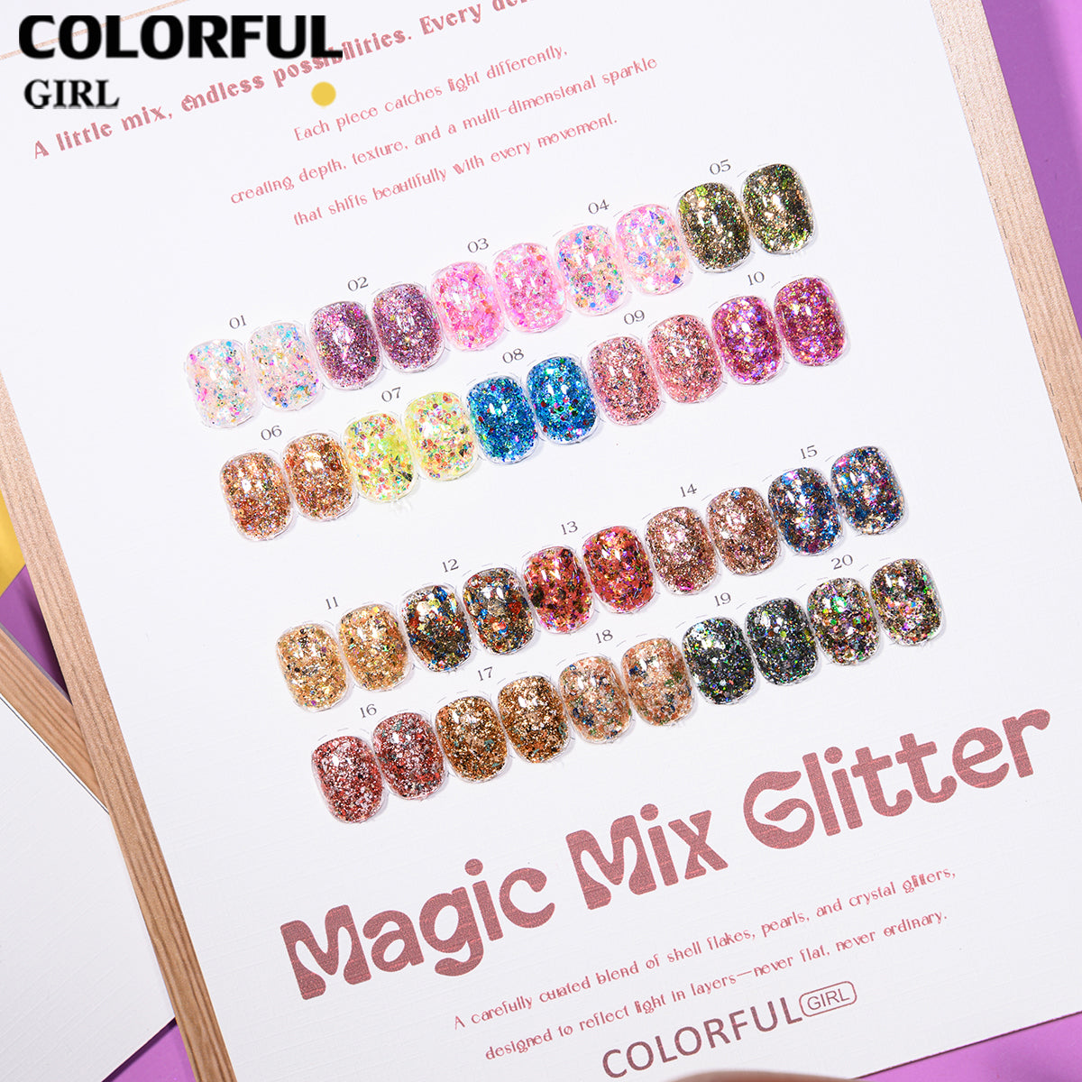 COLORFUL GIRL 20 สี ผงกลิตเตอร์ล็บสูตรพิเศษ  กลิตเตอร์ใหญ่-เล็ก ผสมเปลือกหอย ผงโอปอล ออโรร่า ( ฟรีการ์ดชาร์ทเปล่า )