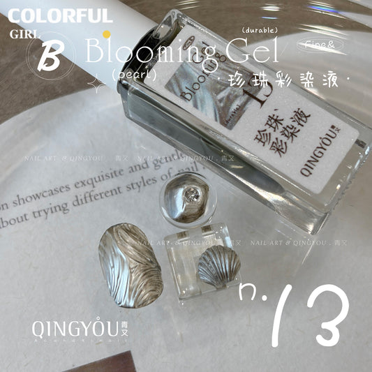 qingyou Blooming Gel 13-24สี   สไตล์ใหม่แต่งเล็บมุกรอยเปื้อนของเหลวรอยเปื้อนอย่างรวดเร็วของเหลวโลหะพิเศษสีเงินประกายมุกไล่โทนสีอย่างรวดเร็วรอยเปื้อนสีกาว ประกายแวววาวระดับอัญมณี 💕