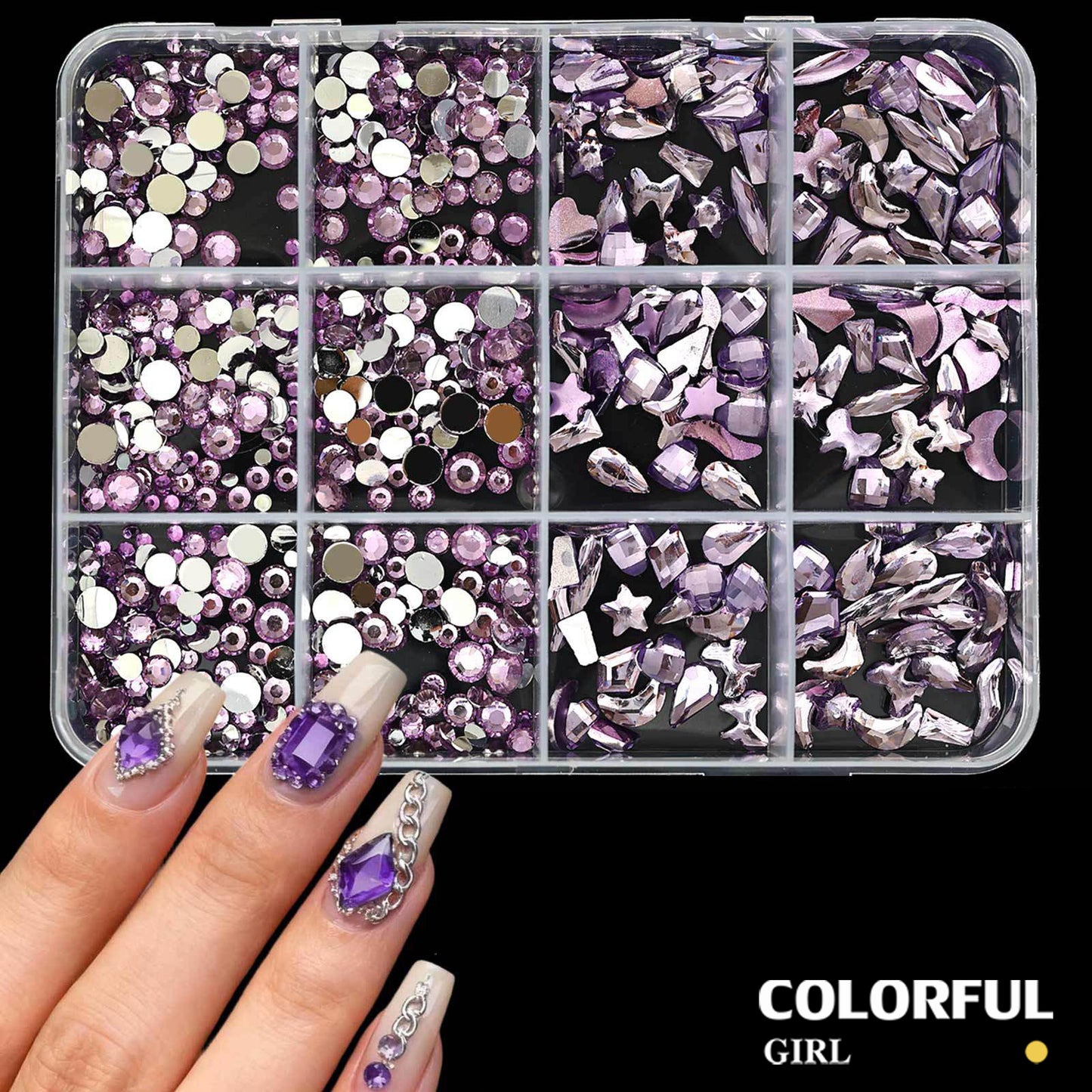 COLORFUL GIRL เพชรติดเล็บ พลอยแต่งเล็บ เกรดพรีเมียม กล่อง 12 ช่อง คริสตัลแต่งเล็บ อะไหล่ทำเล็บ เพชรแฟนซี หลายทรง