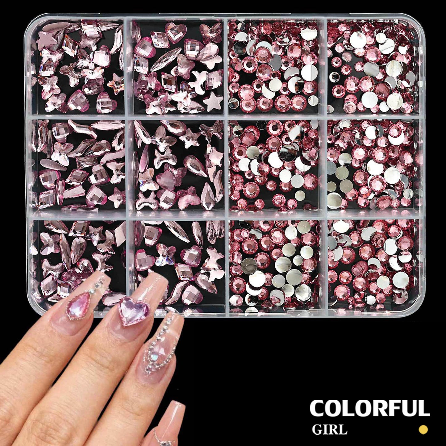 COLORFUL GIRL เพชรติดเล็บ พลอยแต่งเล็บ เกรดพรีเมียม กล่อง 12 ช่อง คริสตัลแต่งเล็บ อะไหล่ทำเล็บ เพชรแฟนซี หลายทรง