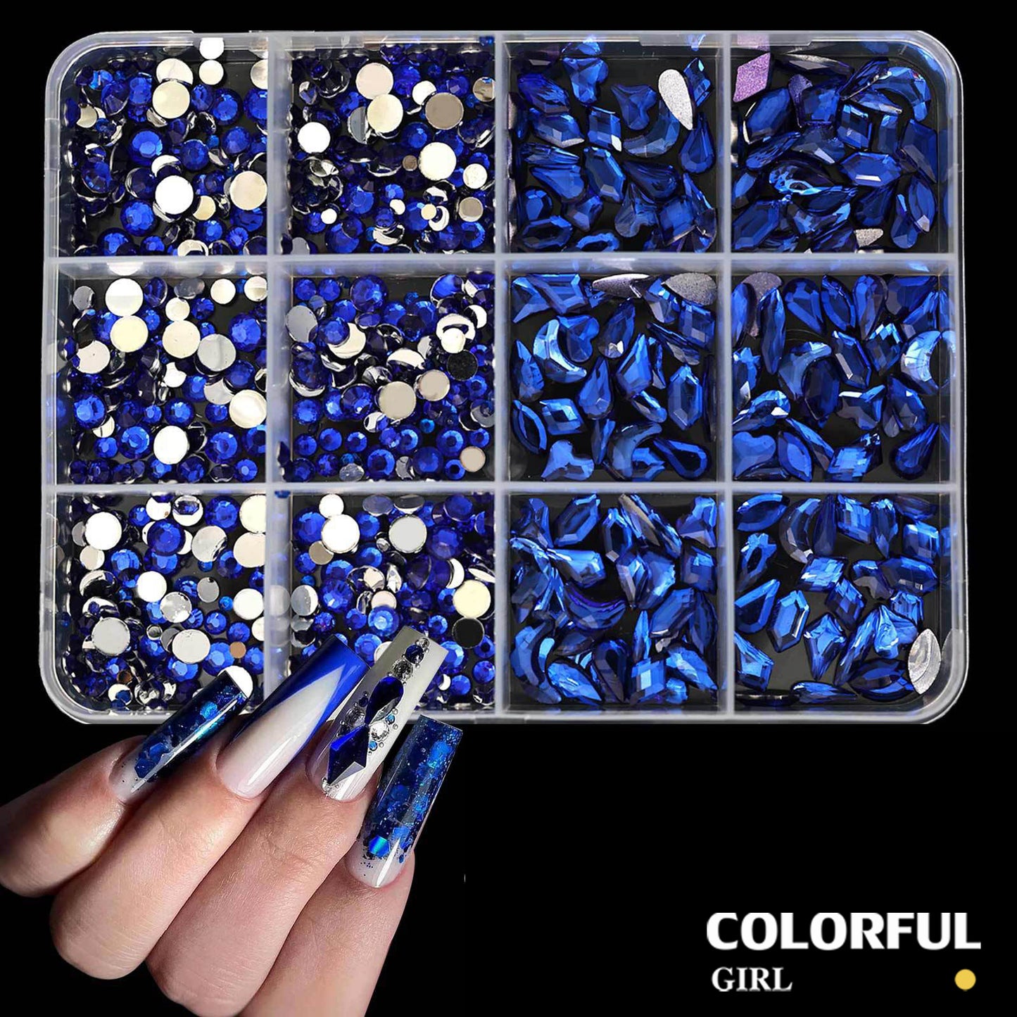 COLORFUL GIRL เพชรติดเล็บ พลอยแต่งเล็บ เกรดพรีเมียม กล่อง 12 ช่อง คริสตัลแต่งเล็บ อะไหล่ทำเล็บ เพชรแฟนซี หลายทรง