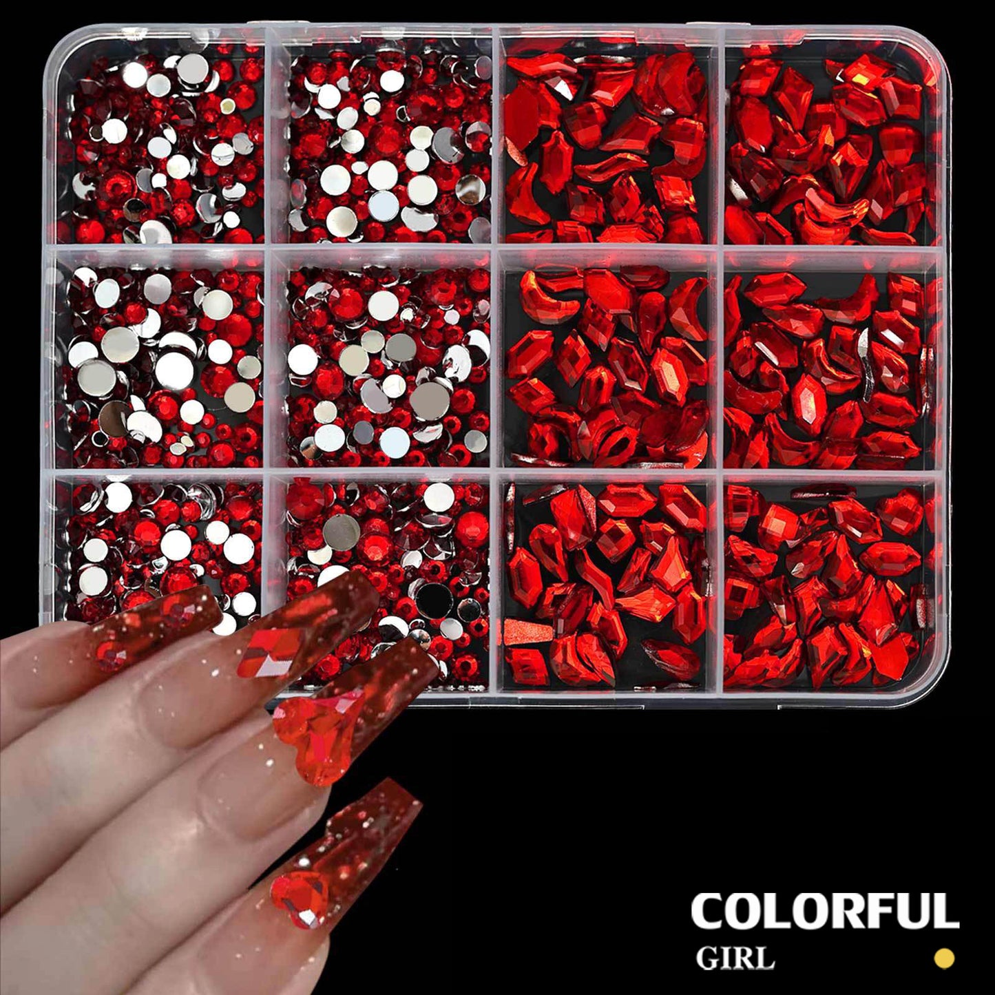 COLORFUL GIRL เพชรติดเล็บ พลอยแต่งเล็บ เกรดพรีเมียม กล่อง 12 ช่อง คริสตัลแต่งเล็บ อะไหล่ทำเล็บ เพชรแฟนซี หลายทรง