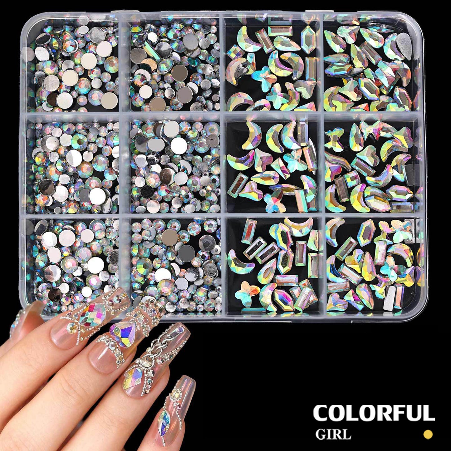 COLORFUL GIRL เพชรติดเล็บ พลอยแต่งเล็บ เกรดพรีเมียม กล่อง 12 ช่อง คริสตัลแต่งเล็บ อะไหล่ทำเล็บ เพชรแฟนซี หลายทรง