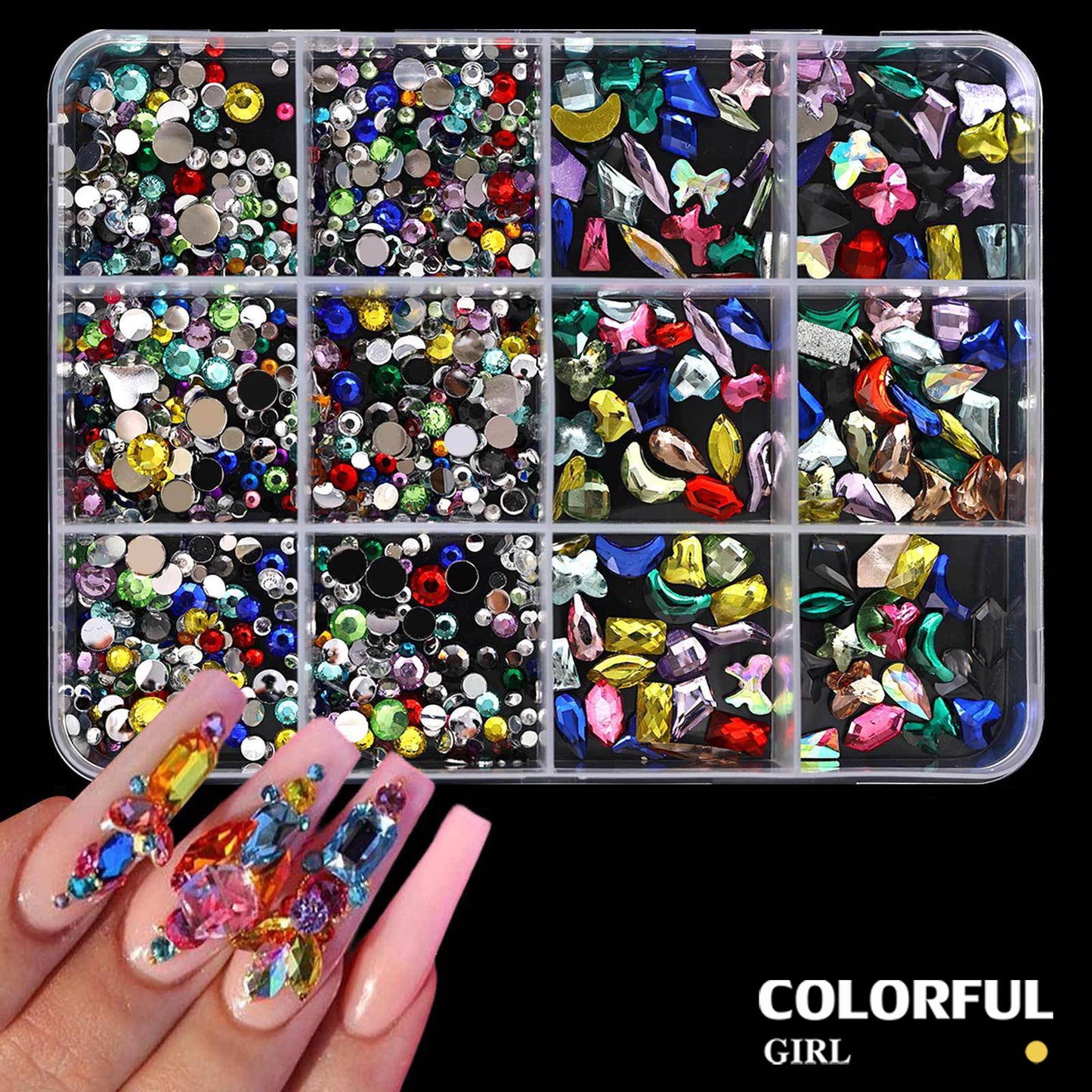 COLORFUL GIRL เพชรติดเล็บ พลอยแต่งเล็บ เกรดพรีเมียม กล่อง 12 ช่อง คริสตัลแต่งเล็บ อะไหล่ทำเล็บ เพชรแฟนซี หลายทรง