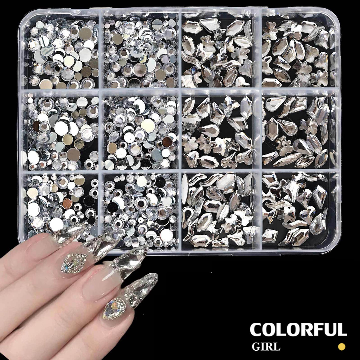 COLORFUL GIRL เพชรติดเล็บ พลอยแต่งเล็บ เกรดพรีเมียม กล่อง 12 ช่อง คริสตัลแต่งเล็บ อะไหล่ทำเล็บ เพชรแฟนซี หลายทรง