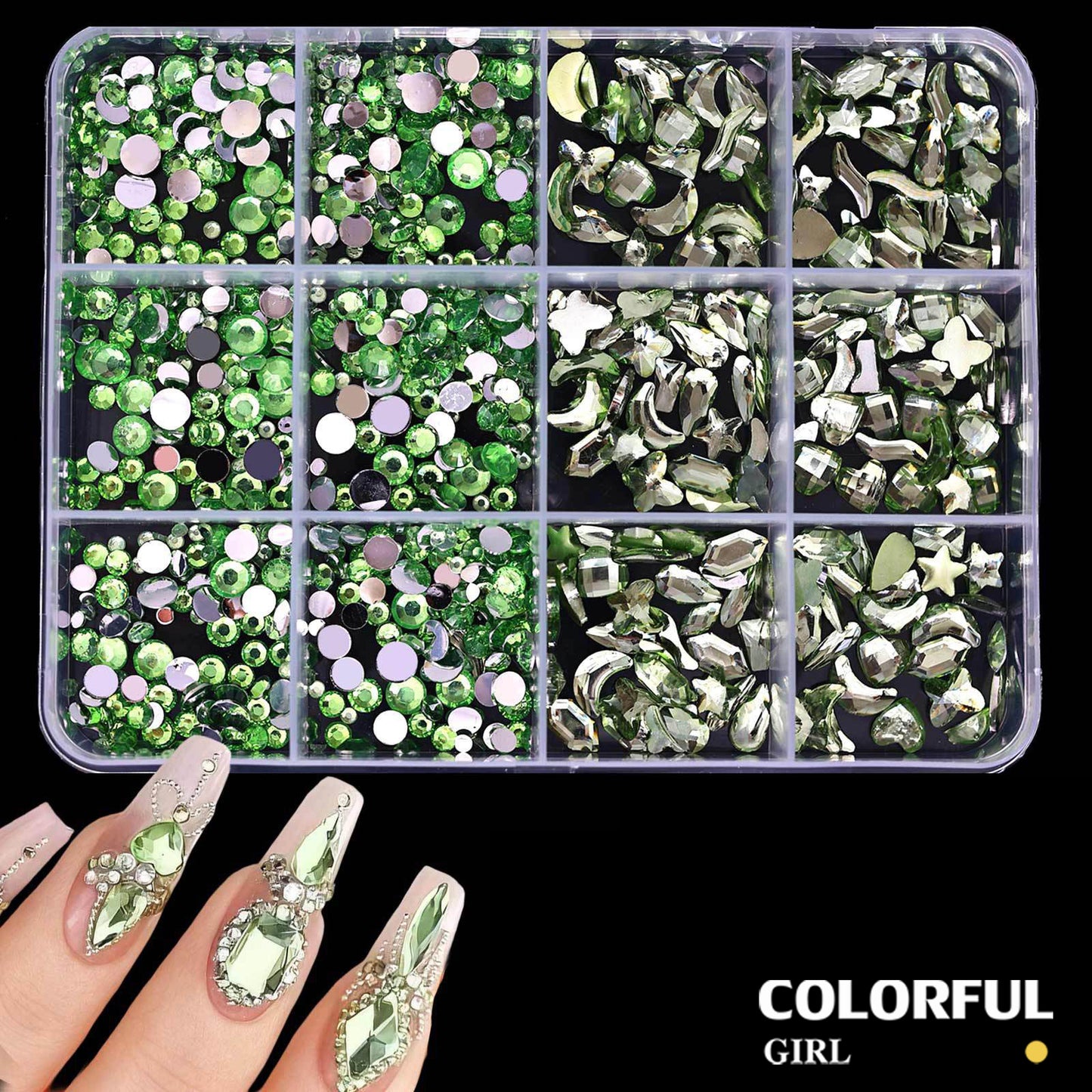 COLORFUL GIRL เพชรติดเล็บ พลอยแต่งเล็บ เกรดพรีเมียม กล่อง 12 ช่อง คริสตัลแต่งเล็บ อะไหล่ทำเล็บ เพชรแฟนซี หลายทรง
