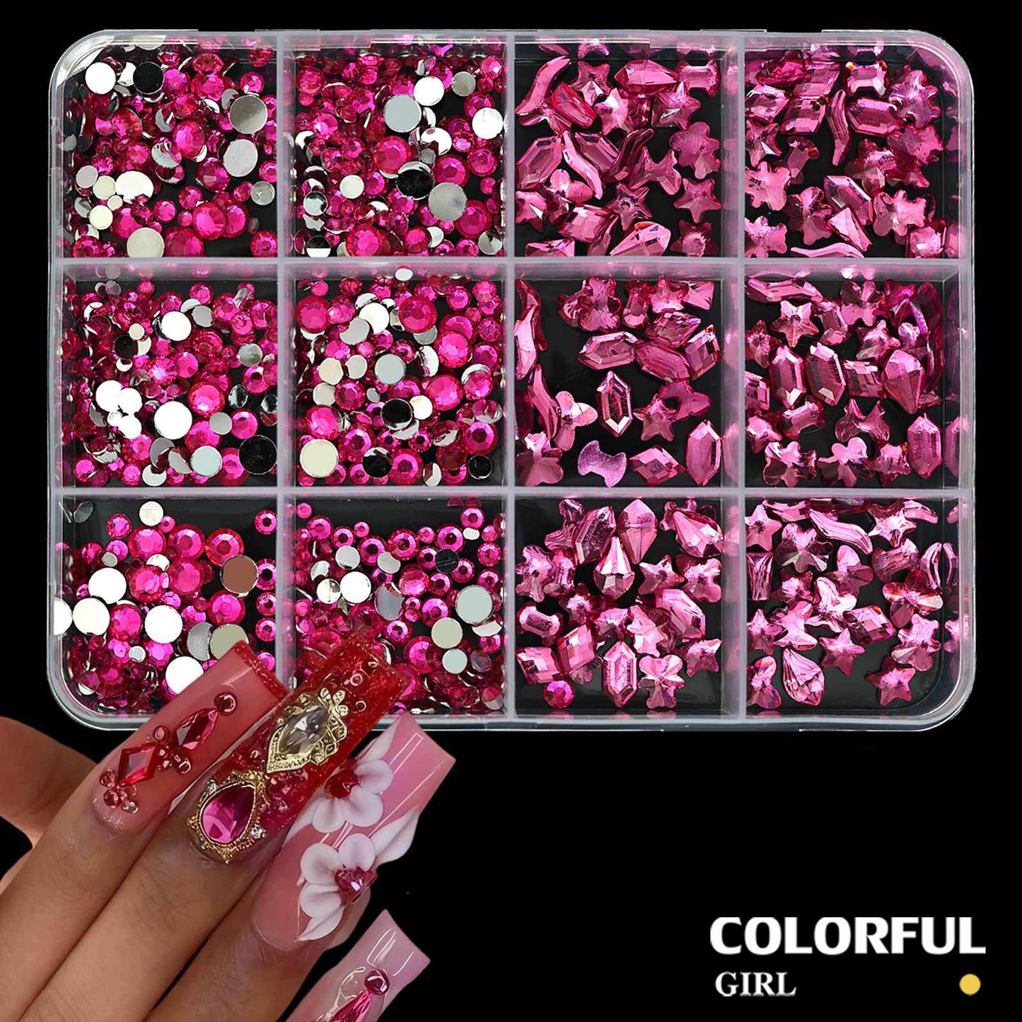 COLORFUL GIRL เพชรติดเล็บ พลอยแต่งเล็บ เกรดพรีเมียม กล่อง 12 ช่อง คริสตัลแต่งเล็บ อะไหล่ทำเล็บ เพชรแฟนซี หลายทรง