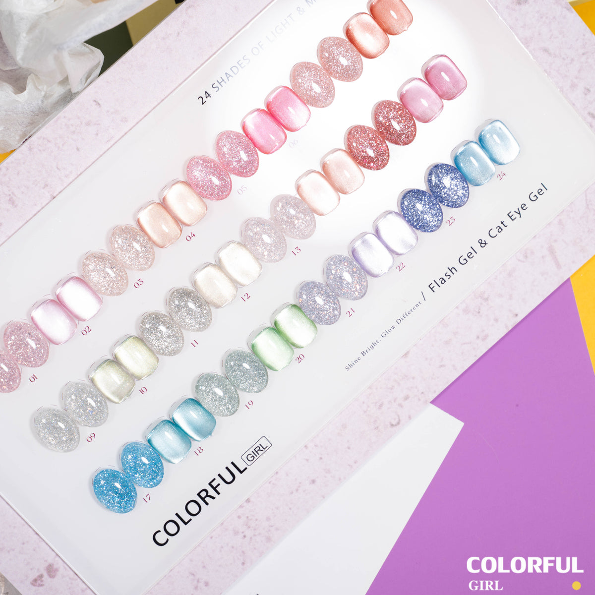 【พร้อมส่ง】Colorful Girl  สีเจลแฟลชและสีเจลแคทอาย   24 สี  . เจลลูกแก้วสะท้อนแสง กากเพชรวิบวับ เล่นแสงสวย สีทาเล็บเจล อบด้วยไฟ UV/LED เลือกสีได้  (พร้อมใช้งาน) ✨