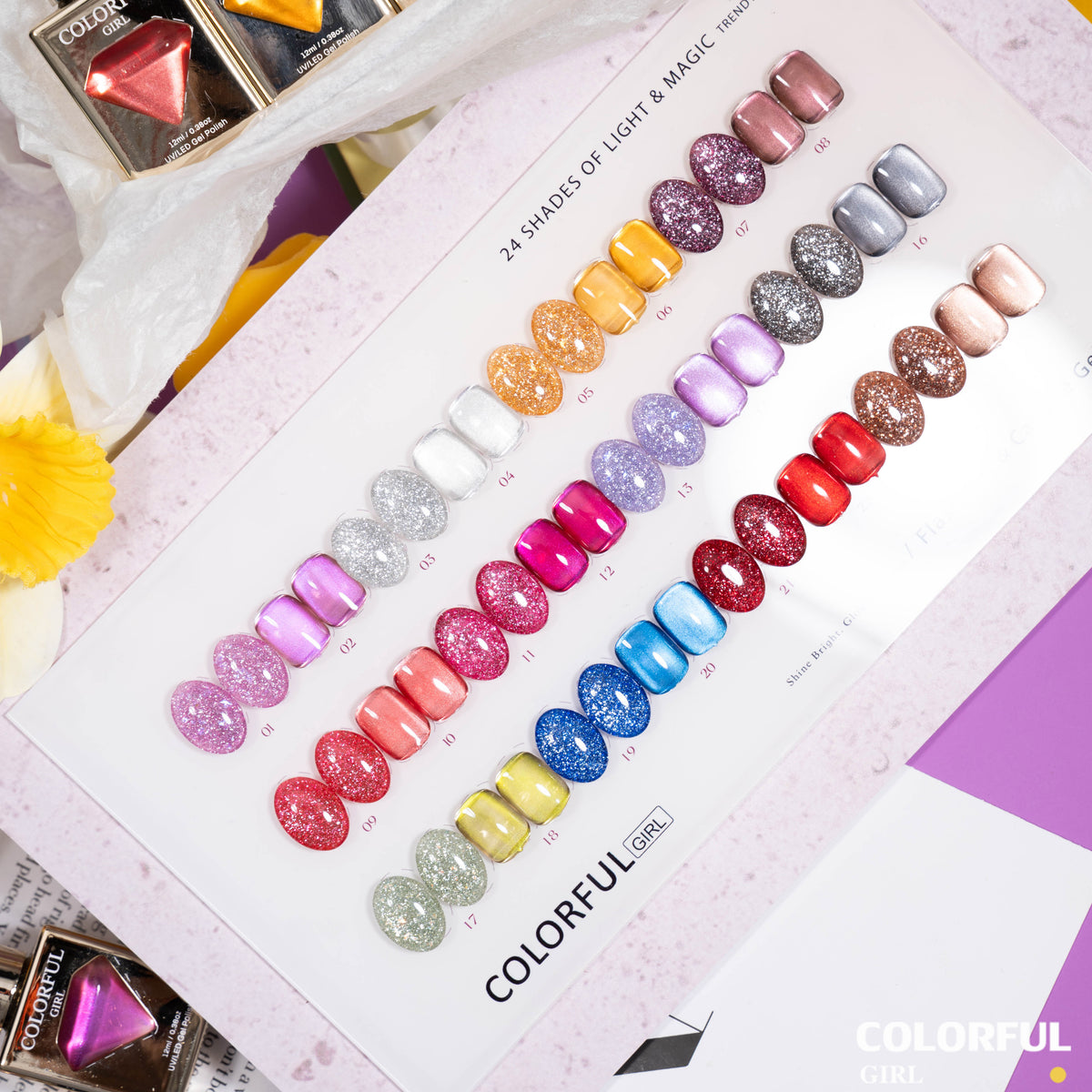 【พร้อมส่ง】Colorful Girl  สีเจลแฟลชและสีเจลแคทอาย   24 สี  . เจลลูกแก้วสะท้อนแสง กากเพชรวิบวับ เล่นแสงสวย สีทาเล็บเจล อบด้วยไฟ UV/LED เลือกสีได้  (พร้อมใช้งาน) ✨