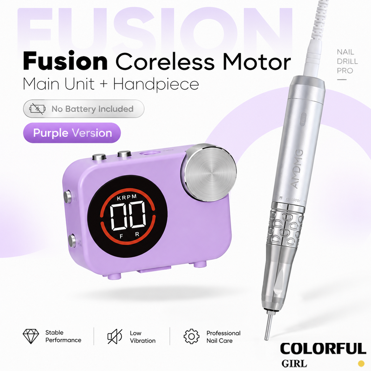 AMDMG Fusion Series เครื่องเจียรเล็บ เครื่องกรอเล็บมืออาชีพ 35000RPM ระบบโมดูลแม่เหล็ก หน้าจอดิจิทัล บันทึกความเร็ว 2 โหมด หมุน F/R เสียงเบา สั่นต่ำ เลือกมอเตอร์ Brushed/Coreless และแบตเตอรี่ Pro/Pro Max