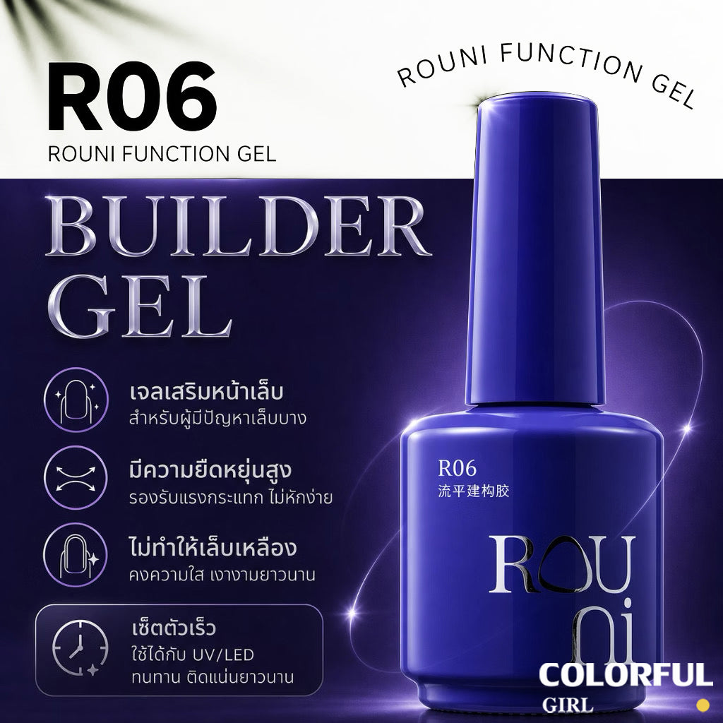 Rouni Function Gel Series 15ml เจลทำเล็บ เบสเจล ท็อปโค้ท Builder Gel ต่อเล็บ หลายรุ่น R21 Black Diamond Glossy Top Coat เงาเพชร กันรอย ติดทนนาน