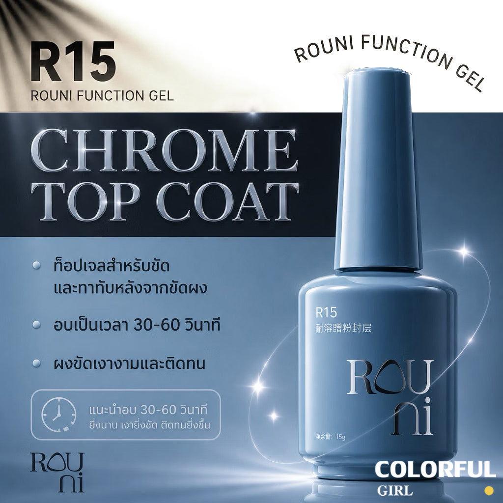 Rouni Function Gel Series 15ml เจลทำเล็บ เบสเจล ท็อปโค้ท Builder Gel ต่อเล็บ หลายรุ่น R21 Black Diamond Glossy Top Coat เงาเพชร กันรอย ติดทนนาน