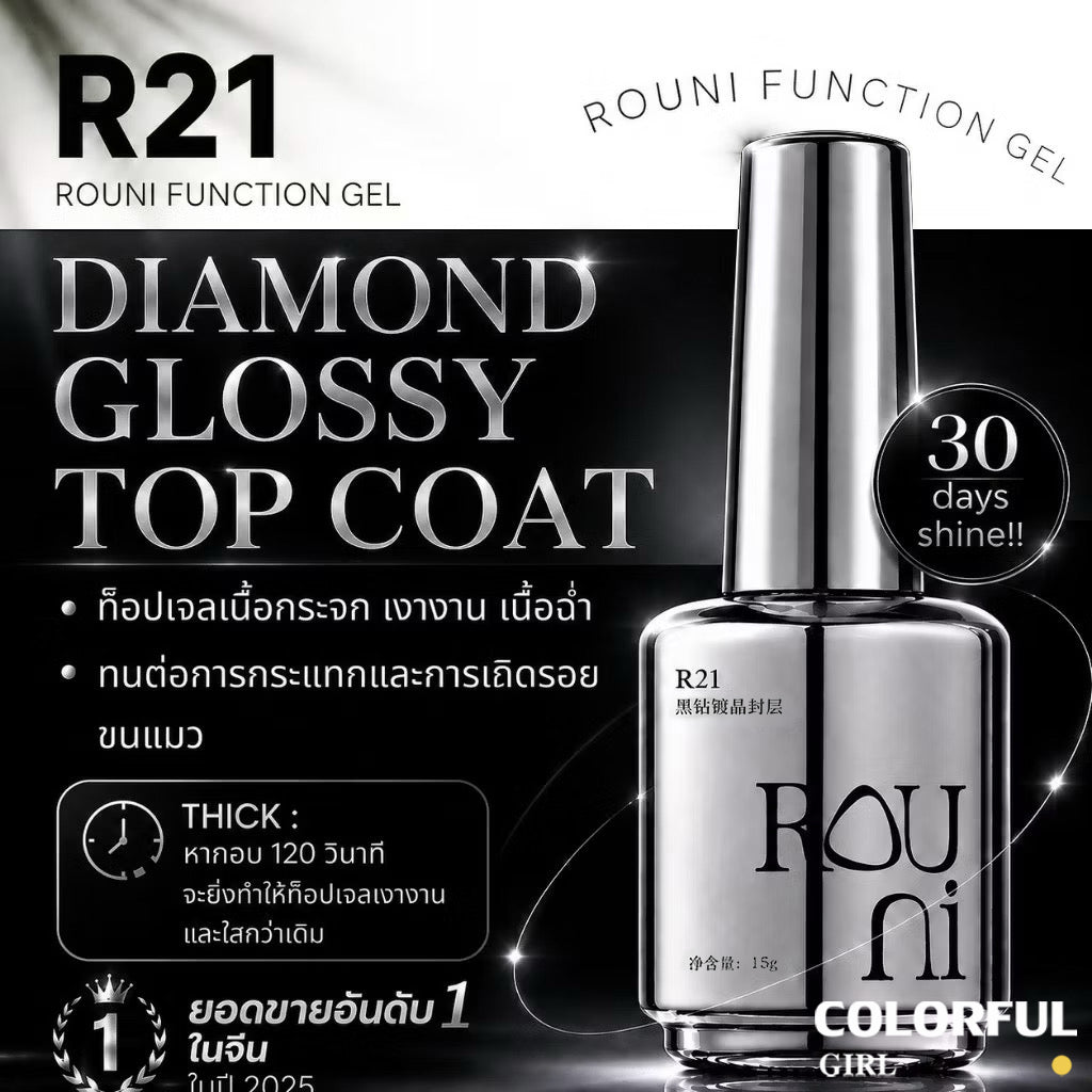 Rouni Function Gel Series 15ml เจลทำเล็บ เบสเจล ท็อปโค้ท Builder Gel ต่อเล็บ หลายรุ่น R21 Black Diamond Glossy Top Coat เงาเพชร กันรอย ติดทนนาน