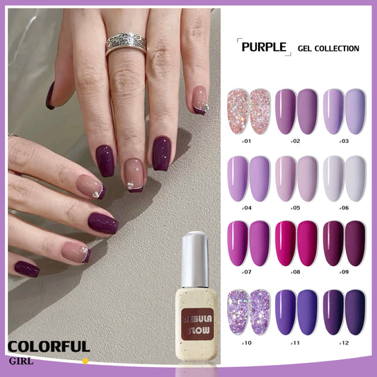 【พร้อมส่ง】NF-008|12สี แบบแยกขวด สีเจลสีม่วง  NebulNFlow |สีเจลสีพื้น/ สีเจลกลิซเตอร์/สีเจลไซรัป สวยมาก สีแน่น ต้องอบ วิบวับ