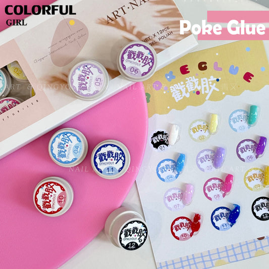 QINGYOU Poke Glue เซ็ตกาวเจลทำเล็บ｜เจลสี 12 สีแบบยืดได้ + ไม่หดตัว ไม่หลุดลอก · ลวดลายลูกไม้/คลื่น/ตาข่าย หลากหลายเอฟเฟกต์ · แถมฟรี Poke Glue Base Coat เฉพาะ & คู่มือการใช้งาน
