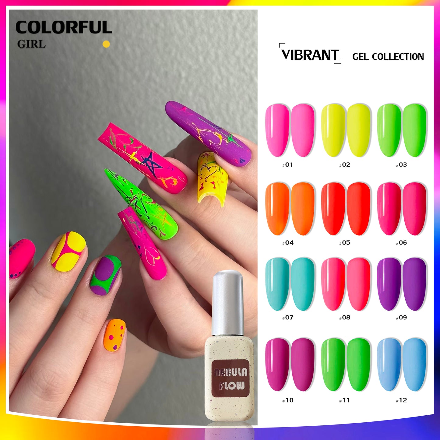 【พร้อมส่ง】 NF-013|12สี แบบแยกขวด สีเจลสีนีออน NebulNFlow｜สีเจลสีพื้น/สีเจลกลิซเตอร์/ สีแน่น ต้องอบ วิบวับ สวยมาก