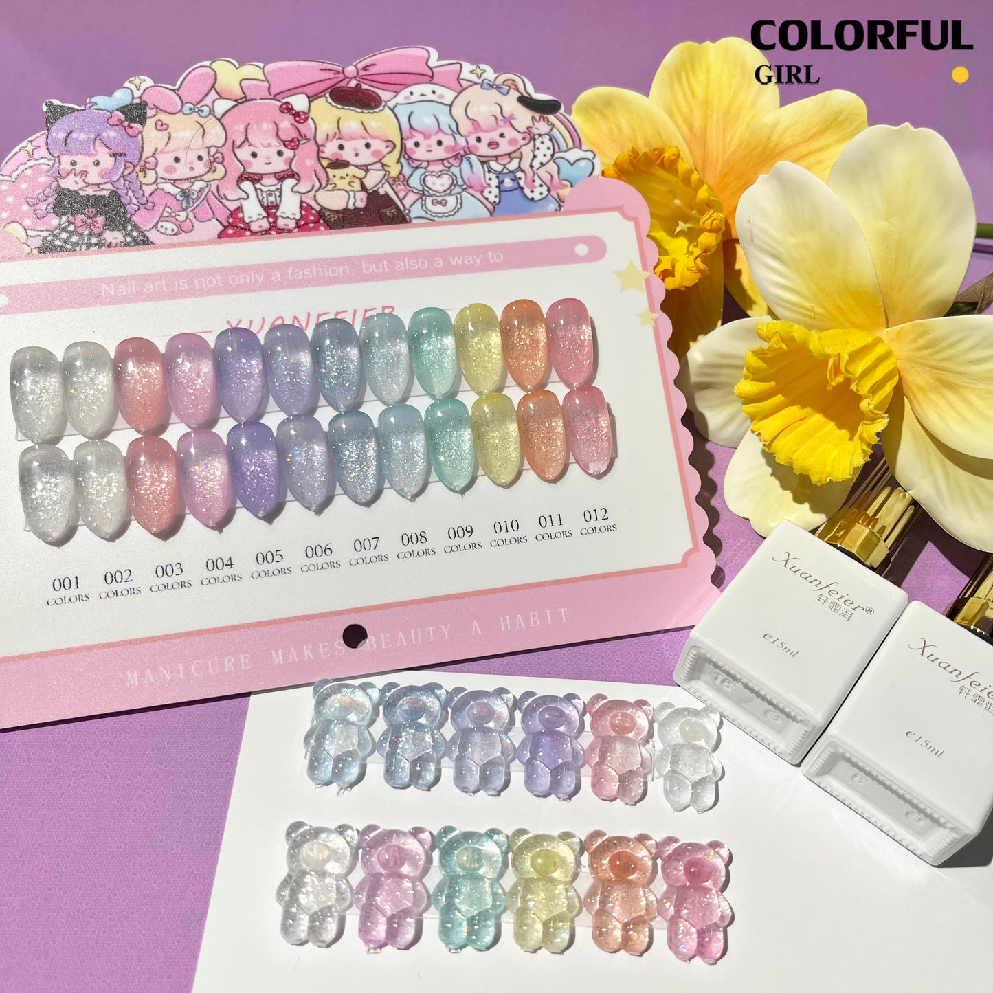 【พร้อมส่ง】XUANFEIER สีเจลแฟลช 12สี   สีทาเล็บเจล 12สี  สีเจลกลิซเตอร์ 12สี（XUANFEIER) สีเจล12สี สีเจลแฟลช   แถม ชาร์ทสี (แถม ชาร์ทสี ทามาให้แล้ว)