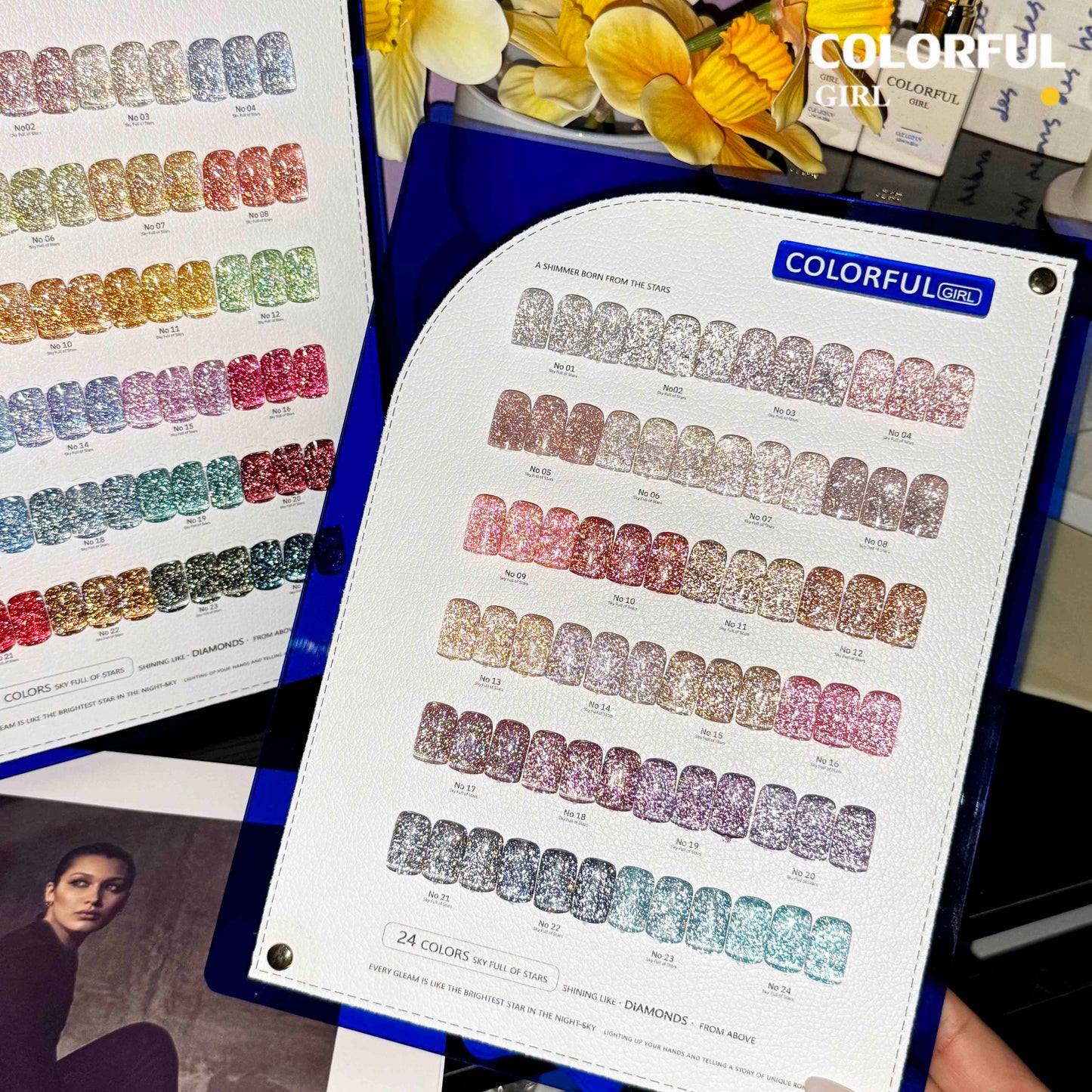 Colorful Girl สีเจลแฟลช 24 สี  สีแฟลช สีแน่นสวย ประกายเด่นชัด   มีให้เลือก 2 โทนสี — โทนเข้ม & โทนอ่อน  แถมฟรีชาร์ทสี