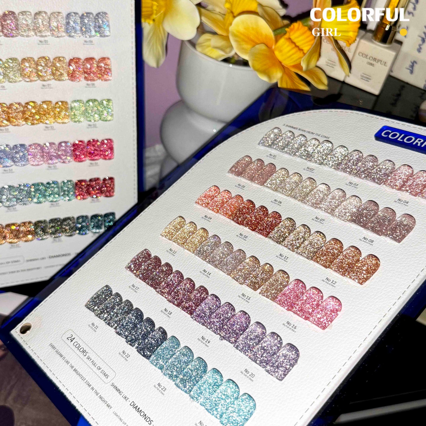 Colorful Girl สีเจลแฟลช 24 สี  สีแฟลช สีแน่นสวย ประกายเด่นชัด   มีให้เลือก 2 โทนสี — โทนเข้ม & โทนอ่อน  แถมฟรีชาร์ทสี