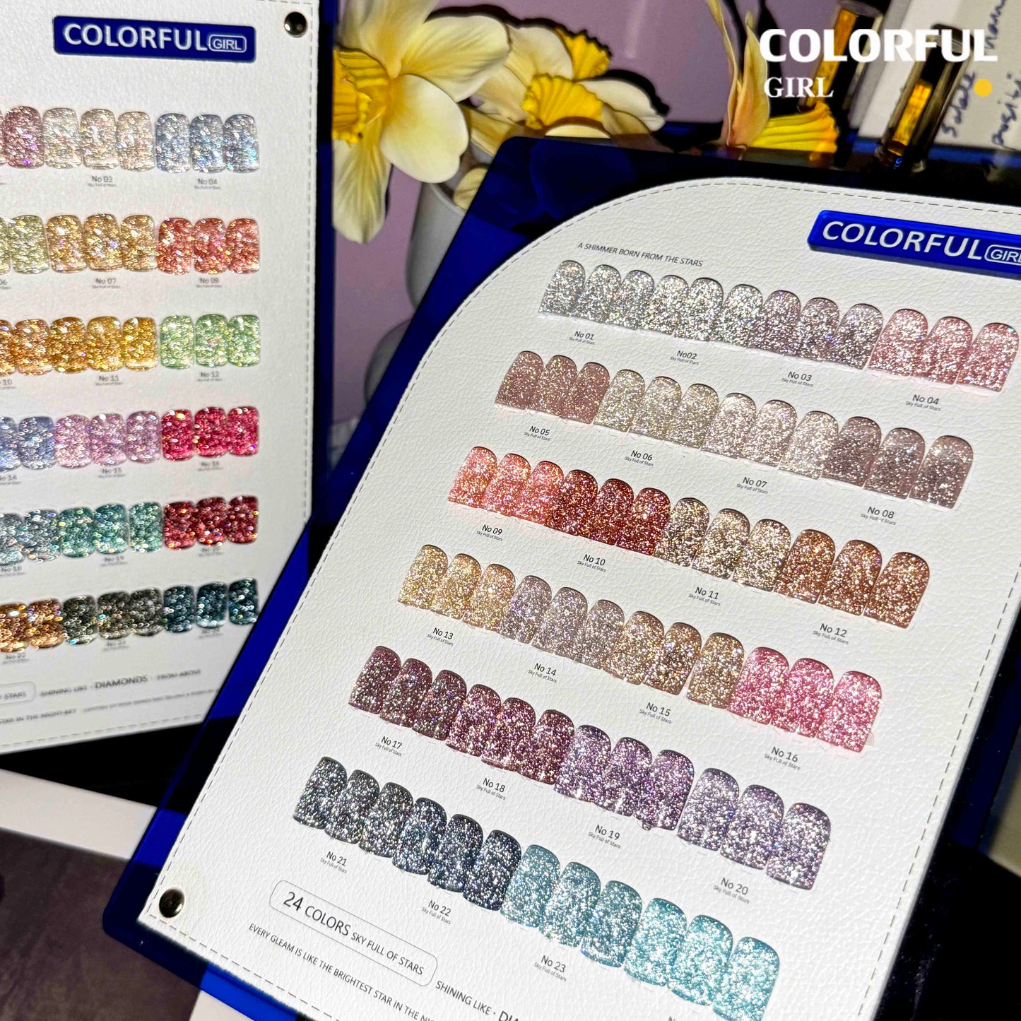 Colorful Girl สีเจลแฟลช 24 สี  สีแฟลช สีแน่นสวย ประกายเด่นชัด   มีให้เลือก 2 โทนสี — โทนเข้ม & โทนอ่อน  แถมฟรีชาร์ทสี