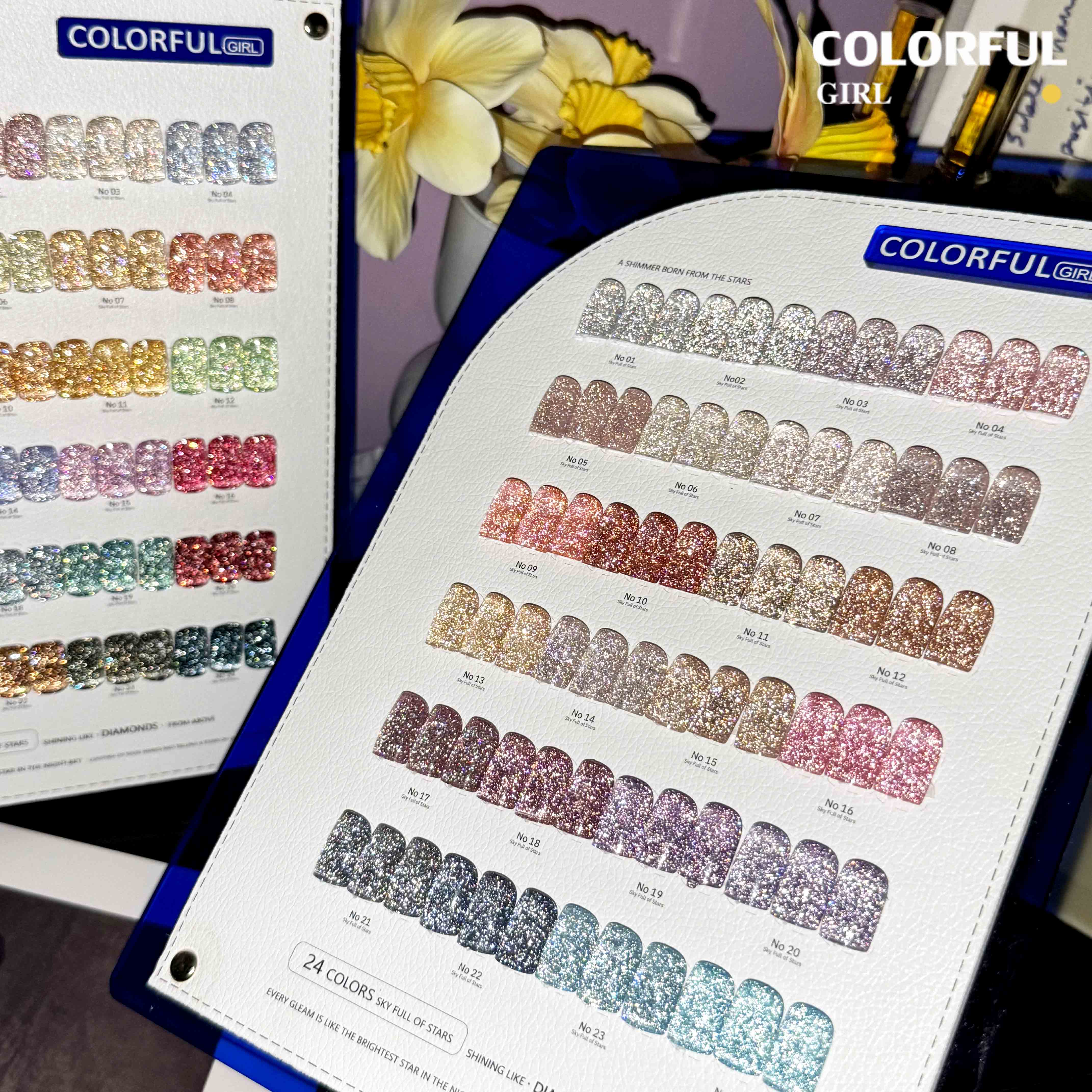 Colorful Girl สีเจลแฟลช 24 สี  สีแฟลช สีแน่นสวย ประกายเด่นชัด   มีให้เลือก 2 โทนสี — โทนเข้ม & โทนอ่อน  แถมฟรีชาร์ทสี