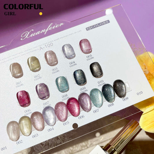 【พร้อมส่ง】Xuanfeier10สี XFE-A100  สีเจลแคทอาย   สีลูกแก้ว ฟรีชาร์ทสี Cat eye   แม่เหล็ก เอฟเฟกต์มันเงามาก
