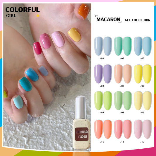 【พร้อมส่ง】NF-014|12สี แบบแยกขวด สีเจลโทนสีมาการอง NebulNFlow｜สีพาสเทล สีเจลกลิซเตอร์/สีเจลสีพื้น/  สีแน่น สวยมาก ต้องอบ วิบวับ