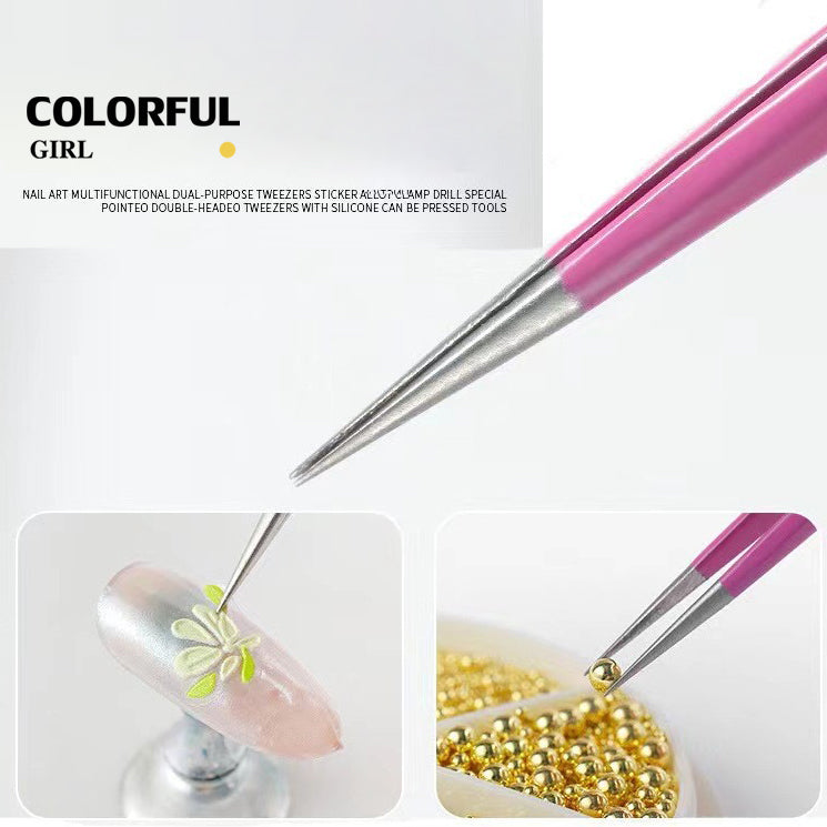 （4สี）พร้อมส่ง แหนบตรง พร้อมหัวกดซิลิโคน เลือกอัญมณี พลอยเทียม สําหรับตกแต่งเล็บ tweezers