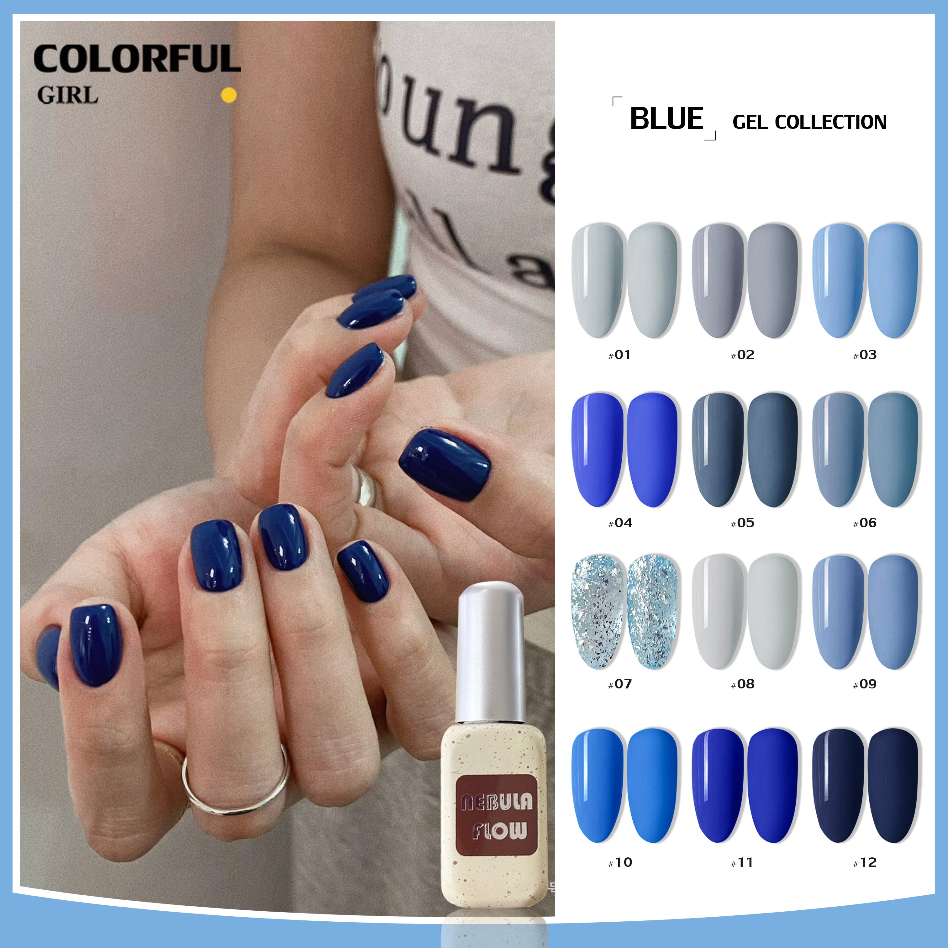 NebulaFlow 12สี แบบแยกขวด ｜สีเจลสีพื้น/สีเจลกลิซเตอร์ (ชาร์ทโทนน้ำเงิน)