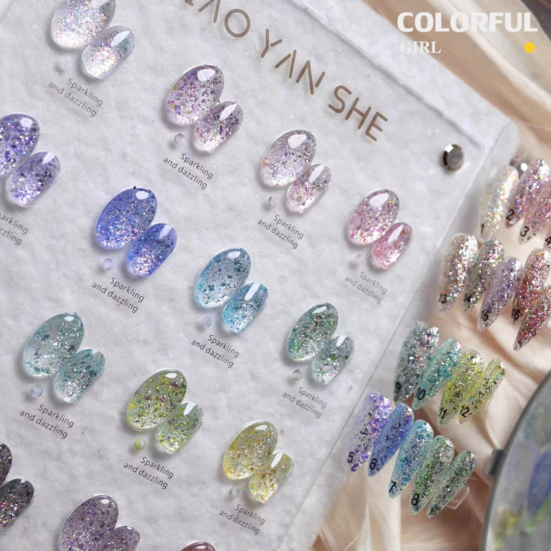 💕สีเจลกลิตเตอร์แฟลช Jiao Yan Sheสีกลิตเตอร์ สีเจล เล็บเจล  Starry Flash Light 16 Colors ปริมาณ 12ml. 💅🏻สีเจลโทนนิยม สีเจลโทนละมุน สี