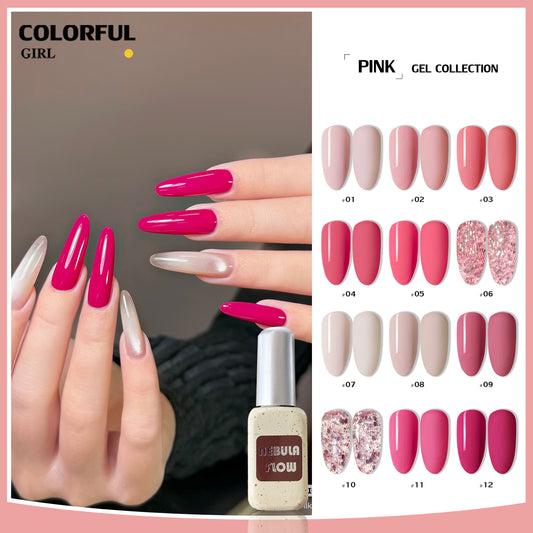 【พร้อมส่ง】NF-012 |12สี แบบแยกขวด สีเจลสีชมพู NebulNFlow｜ สีเจลกลิซเตอร์/สีเจลสีพื้น/ ต้องอบ สีแน่น วิบวับ สวยมาก
