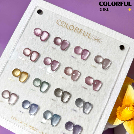 【พร้อมส่ง】Colorful girl 16สี   เจลแคทอายผิวซาตินมุก สีเจลแคทอายเนื้อซาติน  สีเจลแคทอาย 16สี    สีลูกแก้ว ฟรีชาร์ทสี Cat eye  16สี  (แถม ชาร์ทสี ทามาให้แล้ว)สีสวยมาก เงางามละเอียด เม็ดสีแน่นชัด