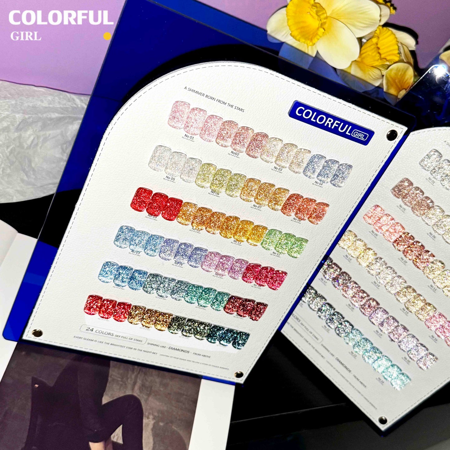 Colorful Girl สีเจลแฟลช 24 สี  สีแฟลช สีแน่นสวย ประกายเด่นชัด   มีให้เลือก 2 โทนสี — โทนเข้ม & โทนอ่อน  แถมฟรีชาร์ทสี