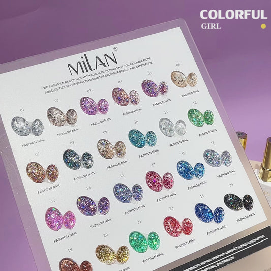 【พร้อมส่ง】สีสีเจล MILANสีกากเพชร สีเจลกลิซเตอร์ 24 สี แถม ชาร์ทสี(milan) สีเจลกลิซเตอร์